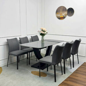 Bộ Bàn Ăn 6 Ghế Mặt Vân Đá Chân U UỐN